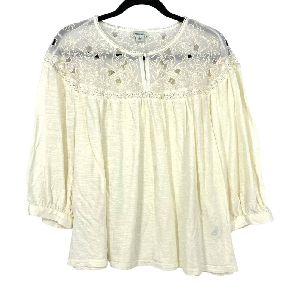 Sundance 3/4 Sleeve Lace Yoke Top Womens Size Large Cream Boho Peasant Blouse
